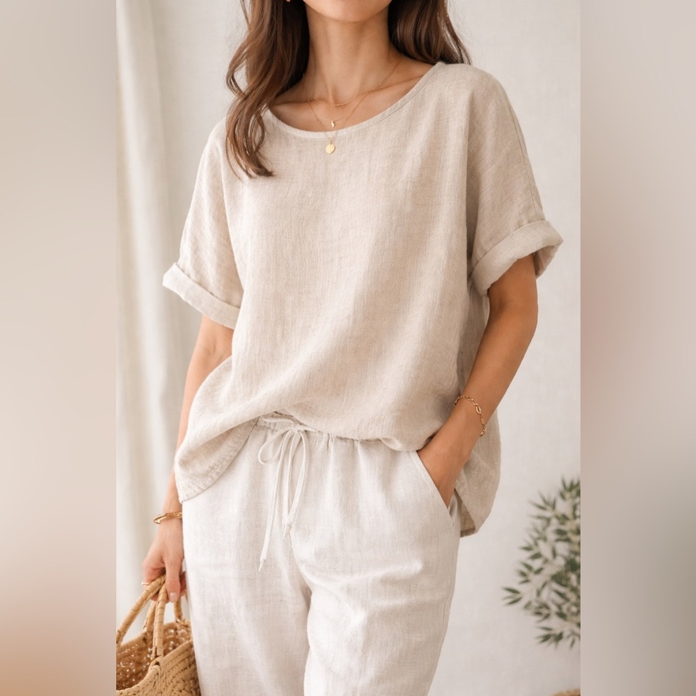 Liz Claiborne Linen Blend Top XL Beige Minimalist Relaxed Coastal Grandma Boho